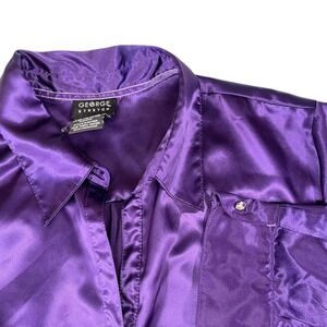 George XXL 20 Purple Concord Stretch Satin Button Down Shirt Rhinestone Glam Y2K